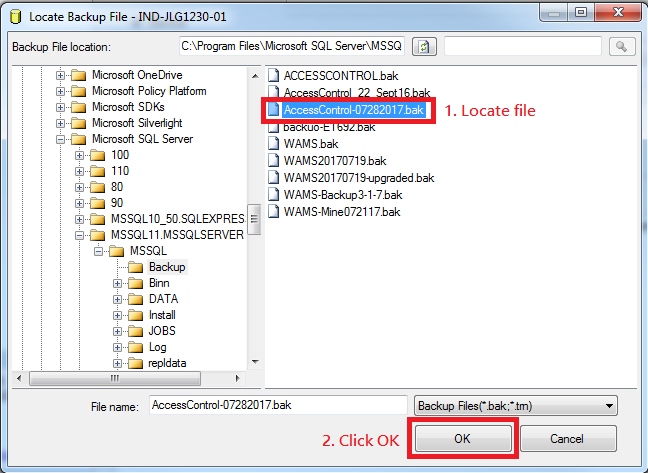 Locate Backup File window