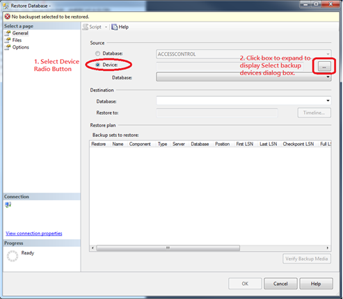 Restore Database Window