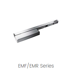 A silver EMF/EMR Series door closer with a sleek rectangular housing and an attached straight arm, designed for controlled door closing.