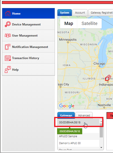 Image of the gateway home page in Shelter Cloud circling the gateway name/macaddress.