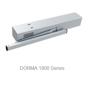 A silver DORMA 1800 Series door closer with a rectangular metal housing and an attached arm, designed for automatic door closing