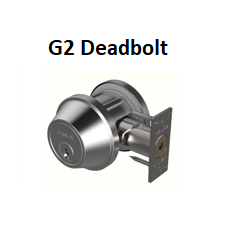 A G2 deadbolt lock in a metallic finish, featuring a round cylinder with a keyhole and an attached rectangular latch plate.