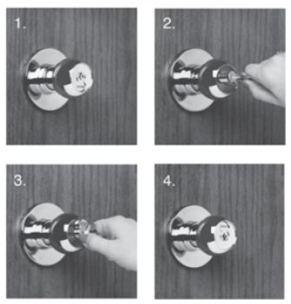 4 part image showing how to rotate the base to change the handing.on an 8K knob set.