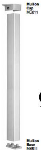 Vertical mullion post with a rectangular aluminum shaft, shown with a Mullion Cap (MC811) at the top and a Mullion Base (MB811) at the bottom, labeled for identification.