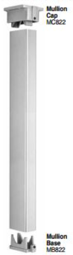 Vertical mullion post with a rectangular aluminum shaft, shown with a Mullion Cap (MC822) at the top and a Mullion Base (MB822) at the bottom, labeled for identification.