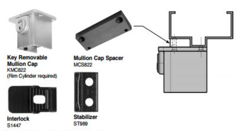 Diagram showing mullion hardware components and installation: a Key Removable Mullion Cap (KMC822, rim cylinder required), Mullion Cap Spacer (MCS822), Interlock (S1447), and Stabilizer (ST989), alongside a cross-sectional drawing illustrating how the components fit together within the mullion.