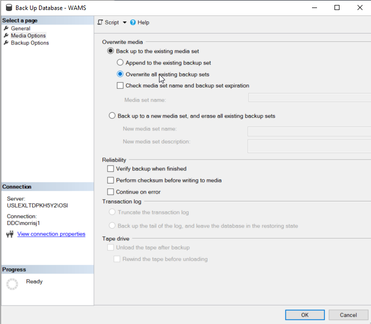 image of the back up data base Media options page