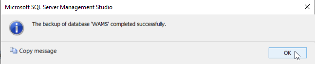 Image of the Microsoft SQL Server Management Studio back up completed sucessfully message